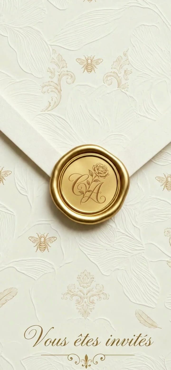 Enveloppe ivoire fermée par un sceau d’or au monogramme C A : début de l’invitation de Clara & Armand